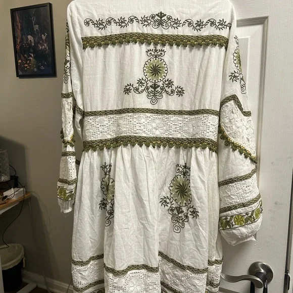 Anthropologie Maeve Ivory and Olive Embroidered Long Sleeve Dress - Picture 5 of 10